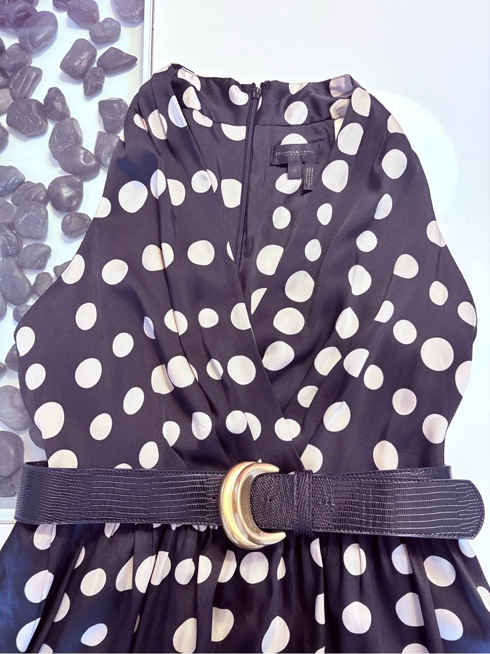 Donna Karan Black and Cream Polka Dot Halter Midi Dress - Picture 4 of 13